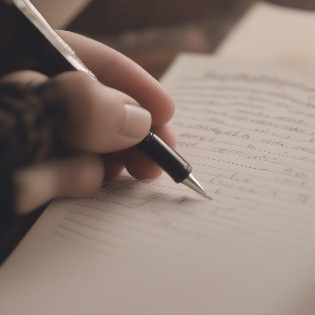 A person writing love sayri in a notebook with a pen, demonstrating the process of crafting personalized romantic verses.