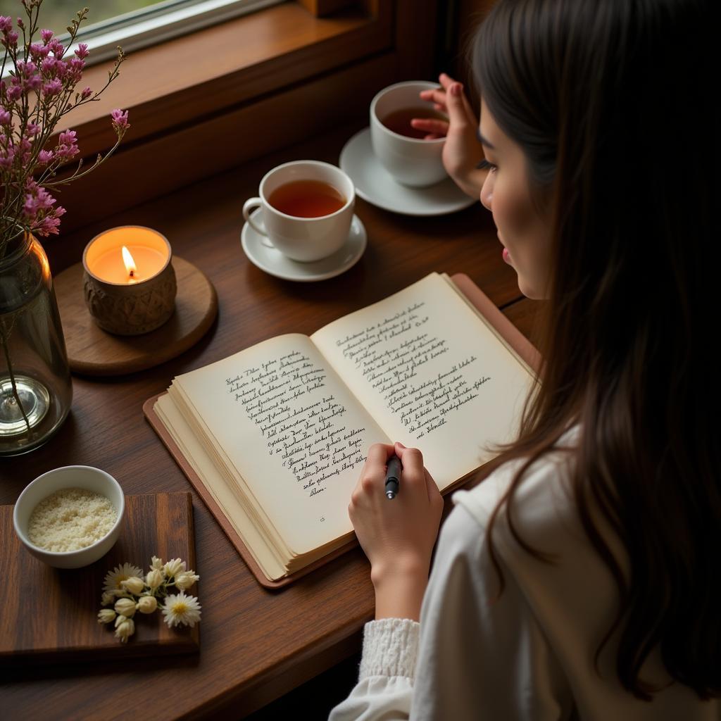 A person writing a personalized shayari in a notebook, surrounded by flowers and candles.