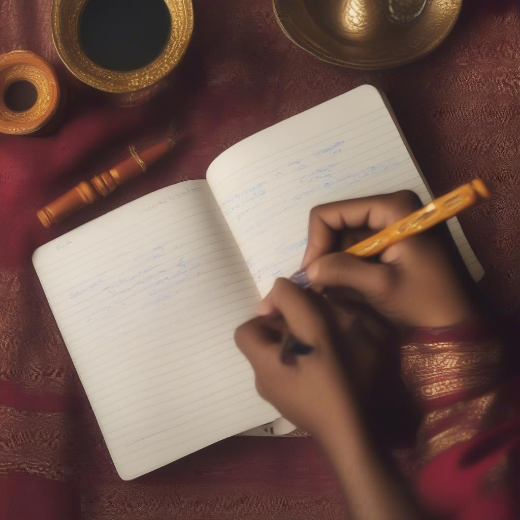 A person writing punjabi shayari in a notebook, reflecting the Hindi attitude.