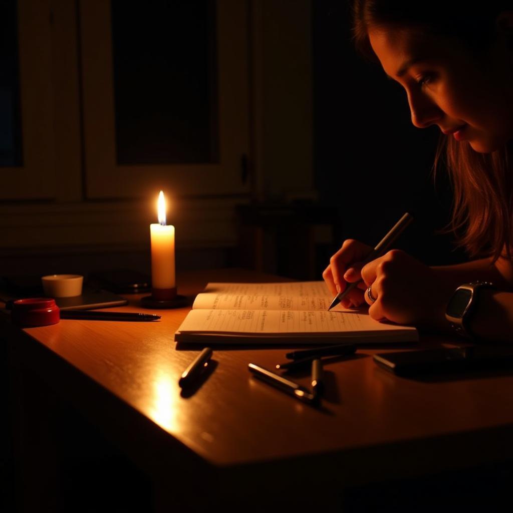 A person writing shayari in a notebook by candlelight