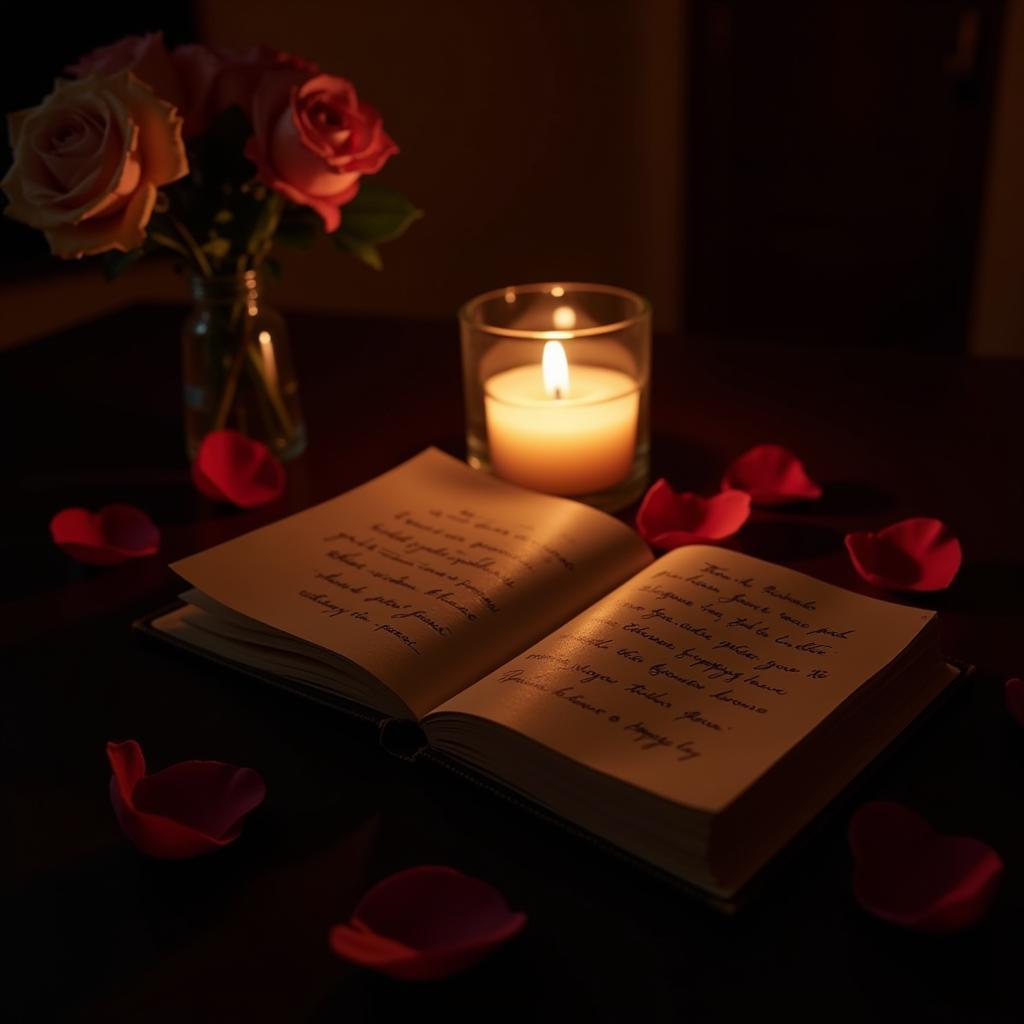 A person writing in a diary with a pen, surrounded by scattered petals and soft lighting, expressing their love through shayri.