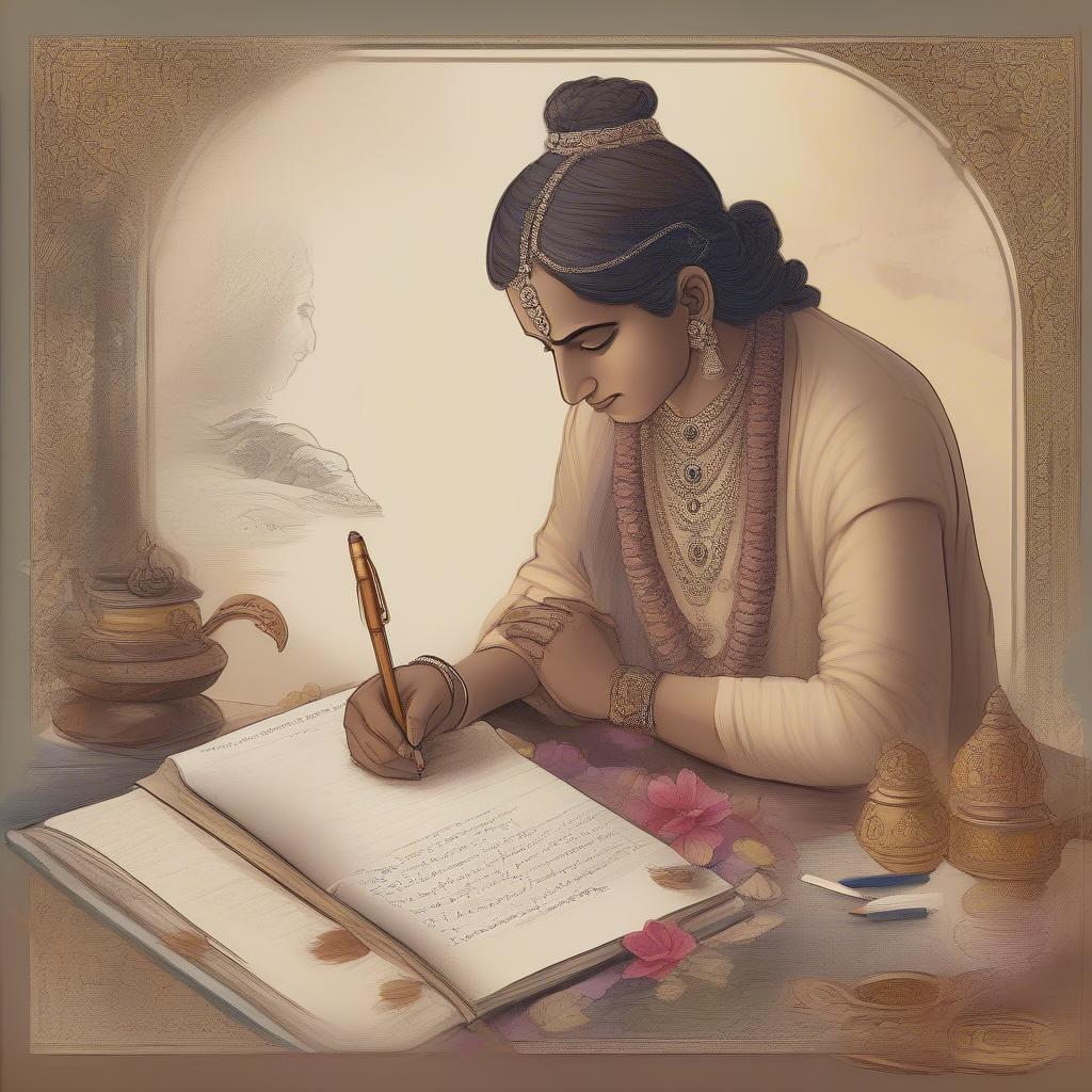 A person writing Shri Krishna shayari in a notebook, surrounded by inspiring images and devotional objects.