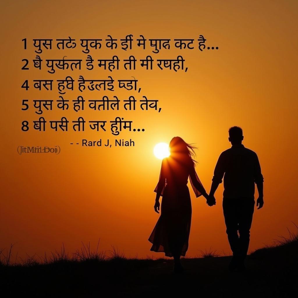 Two lines of Hindi text expressing the feeling of missing someone deeply, overlaid on a blurred image of a couple walking hand-in-hand at sunset.