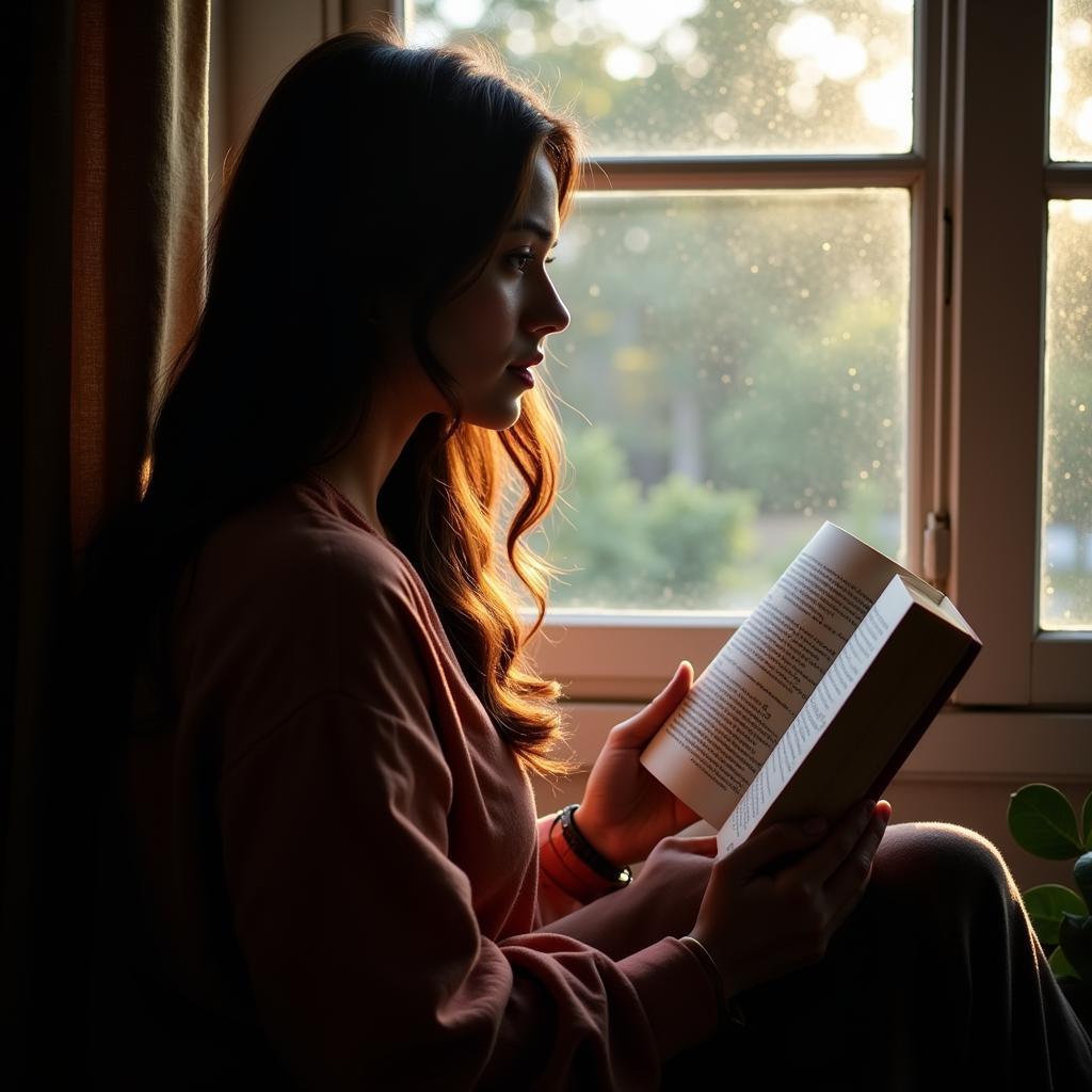 A pensive woman looking out a window, contemplating life, with a Hindi shayari book open in her lap.