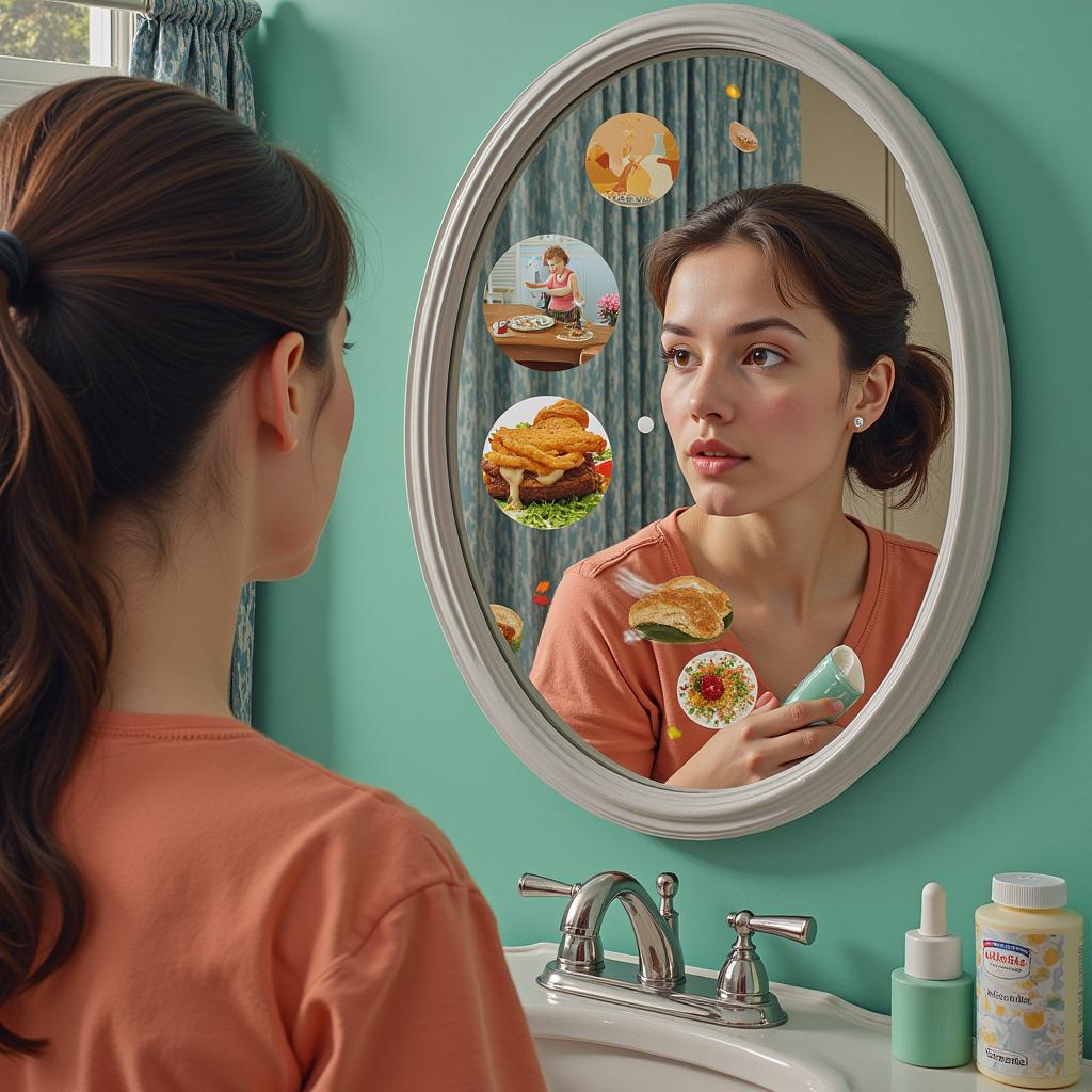 A person reflecting on their habits, symbolized by a mirror reflecting a series of daily routines.