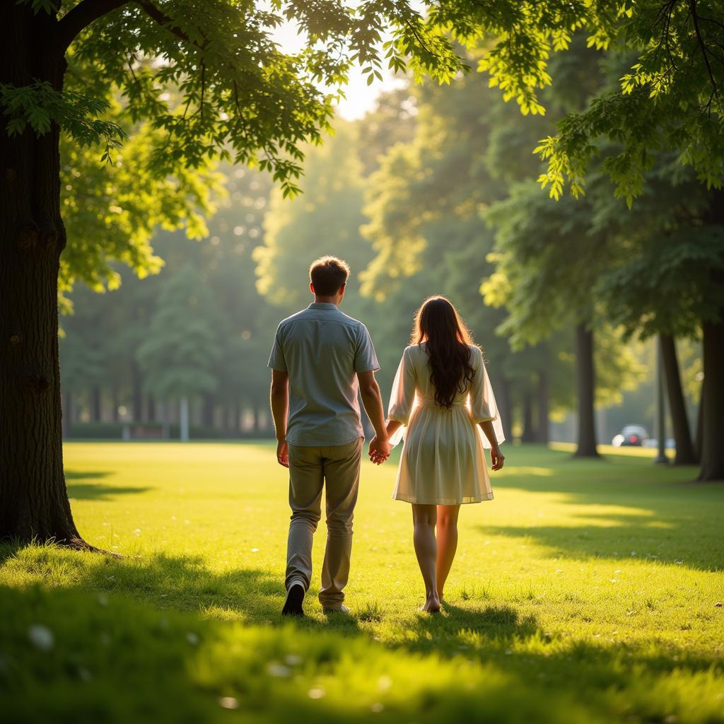 Couple walking in a park, holding hands