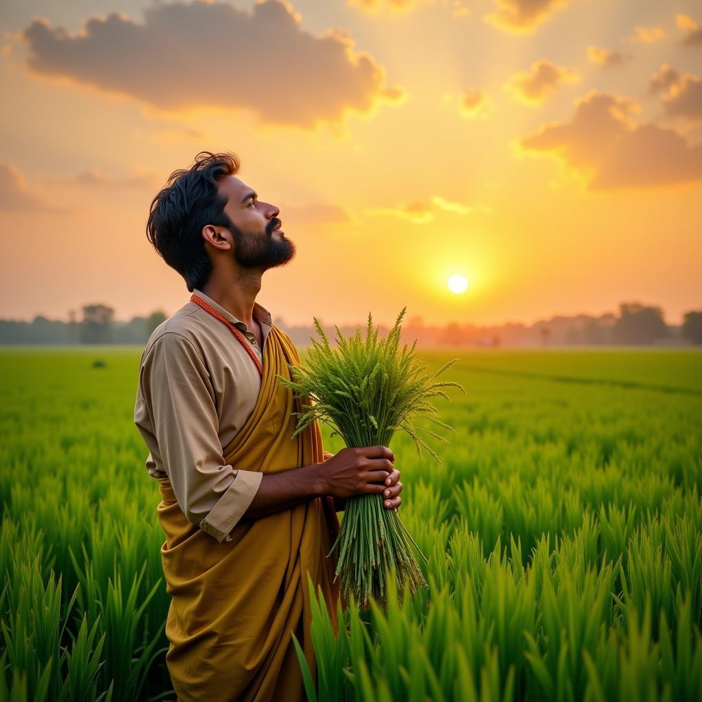 A farmer standing proudly in his field amidst lush green crops, reciting shayari.