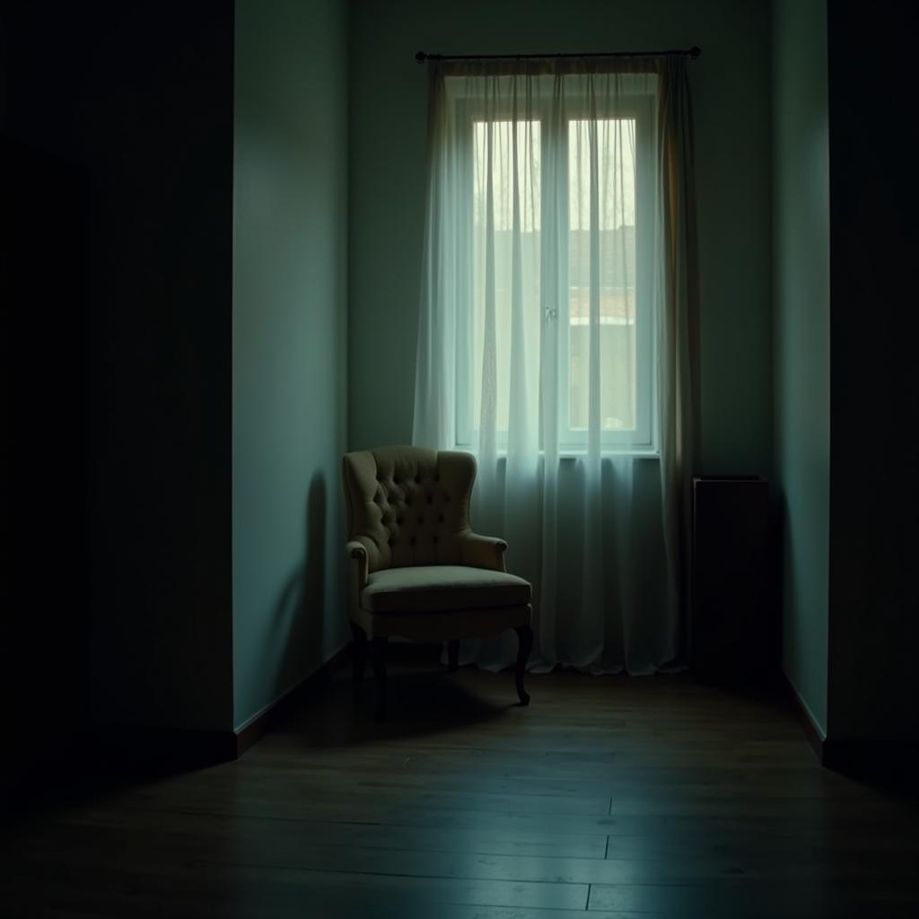 A single, empty chair in a dimly lit room