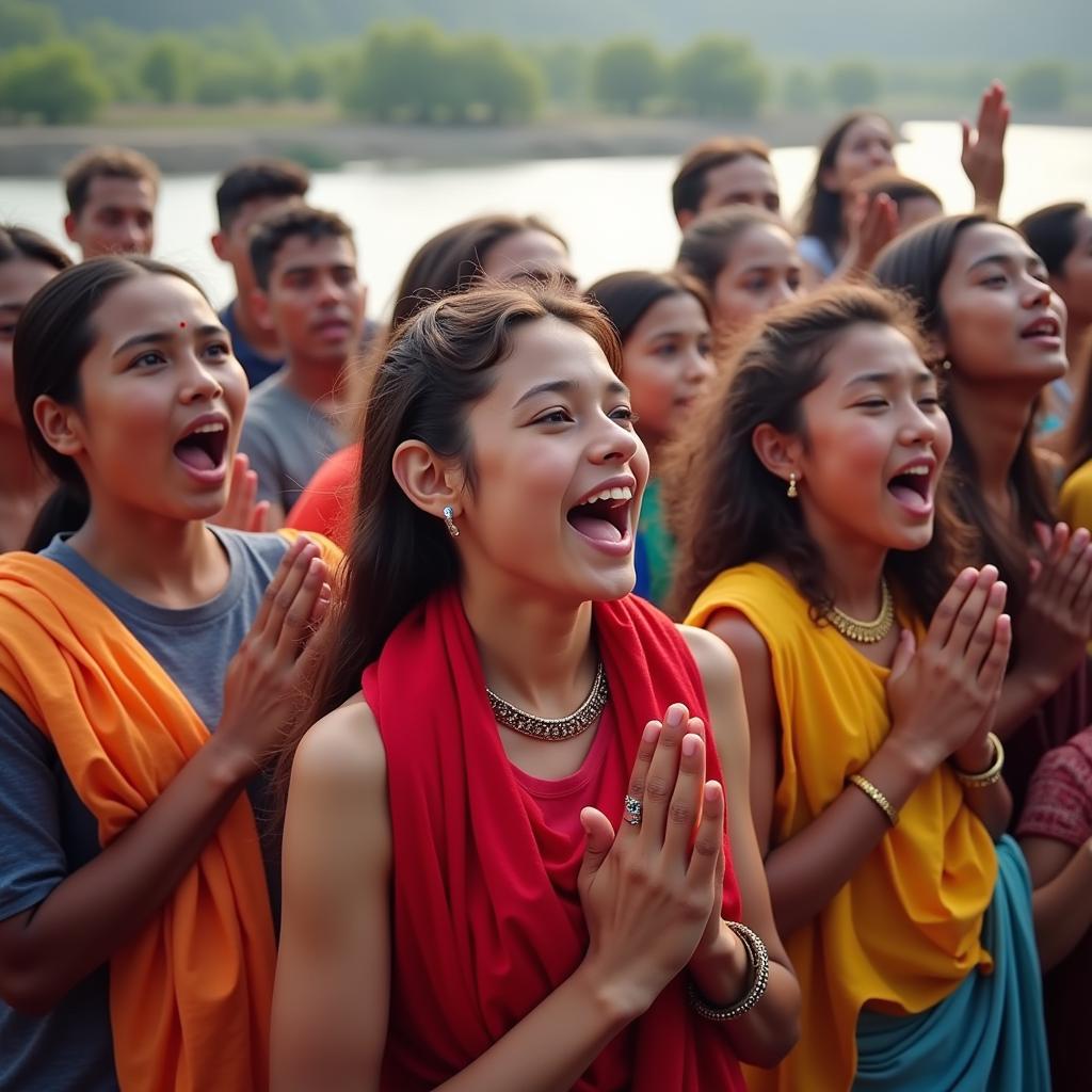 A devotional scene depicting devotees chanting "Are Krishna Are Kanha" with deep reverence and love.