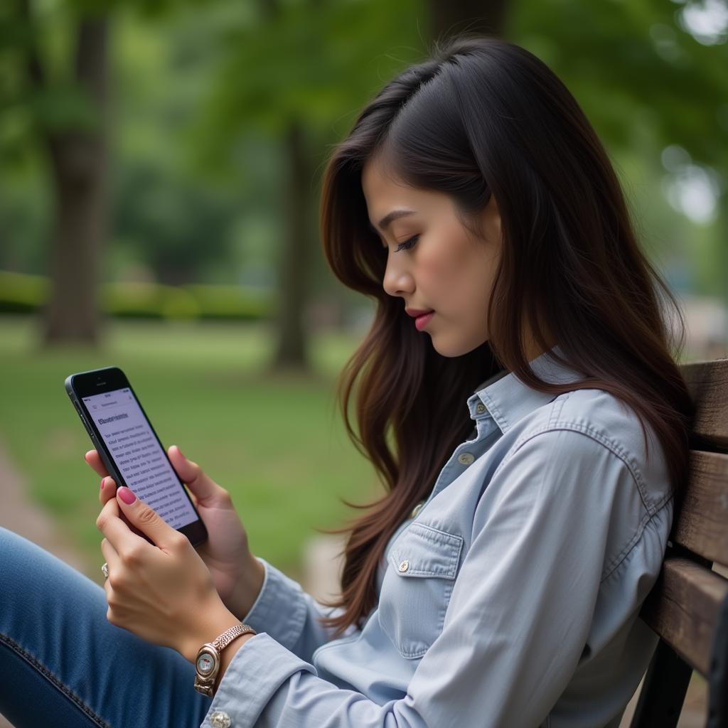 A woman engrossed in reading an attitude story in Hindi on her phone.