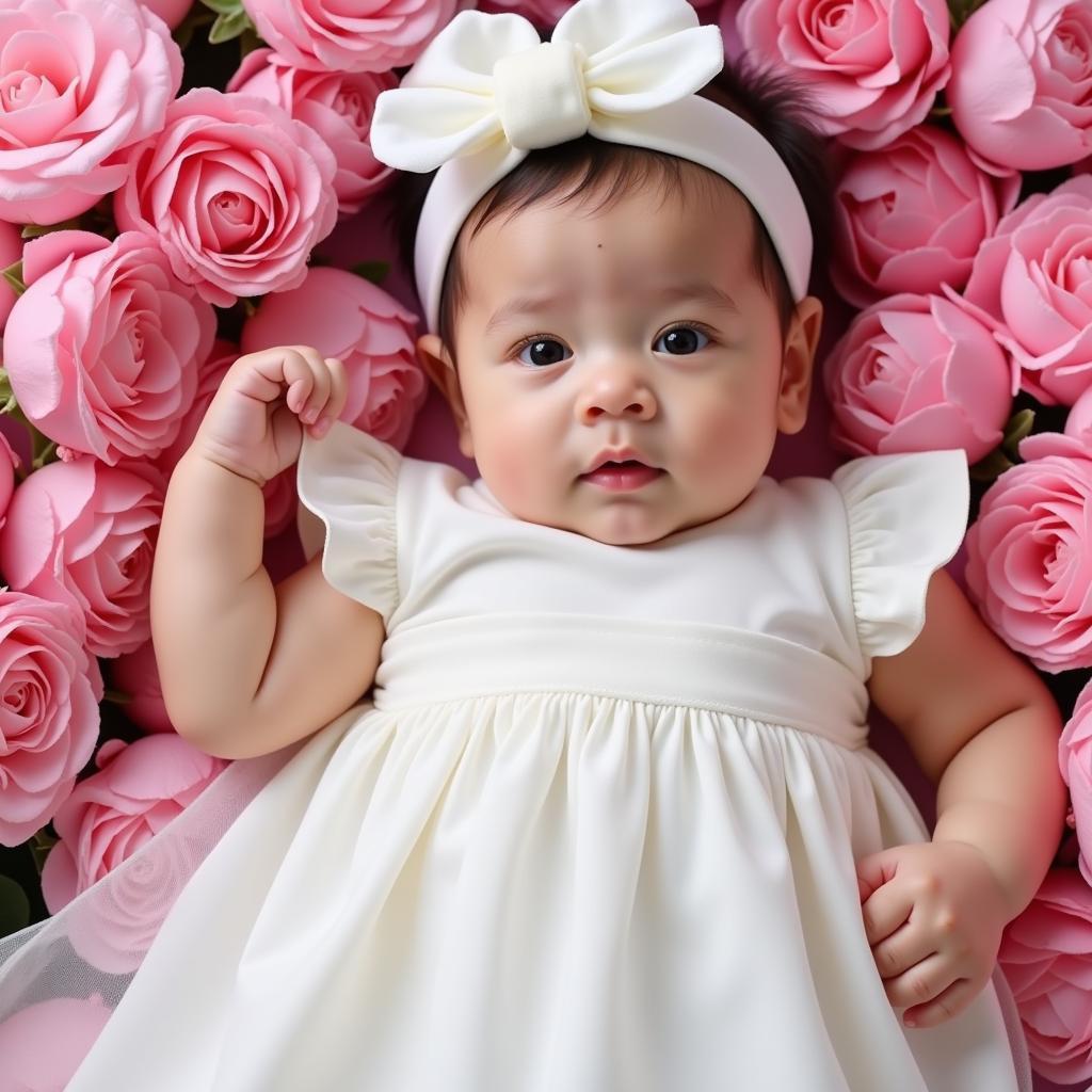 A baby girl surrounded by pink flowers, symbolizing beauty and innocence.