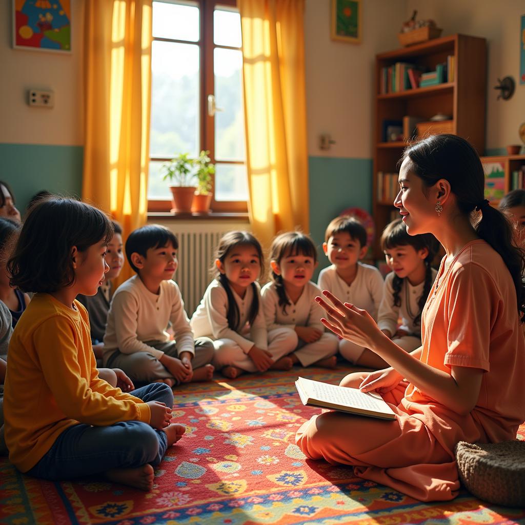 A teacher reading baccho ki shayari to a group of children in a classroom, showcasing the use of children's poetry in education.