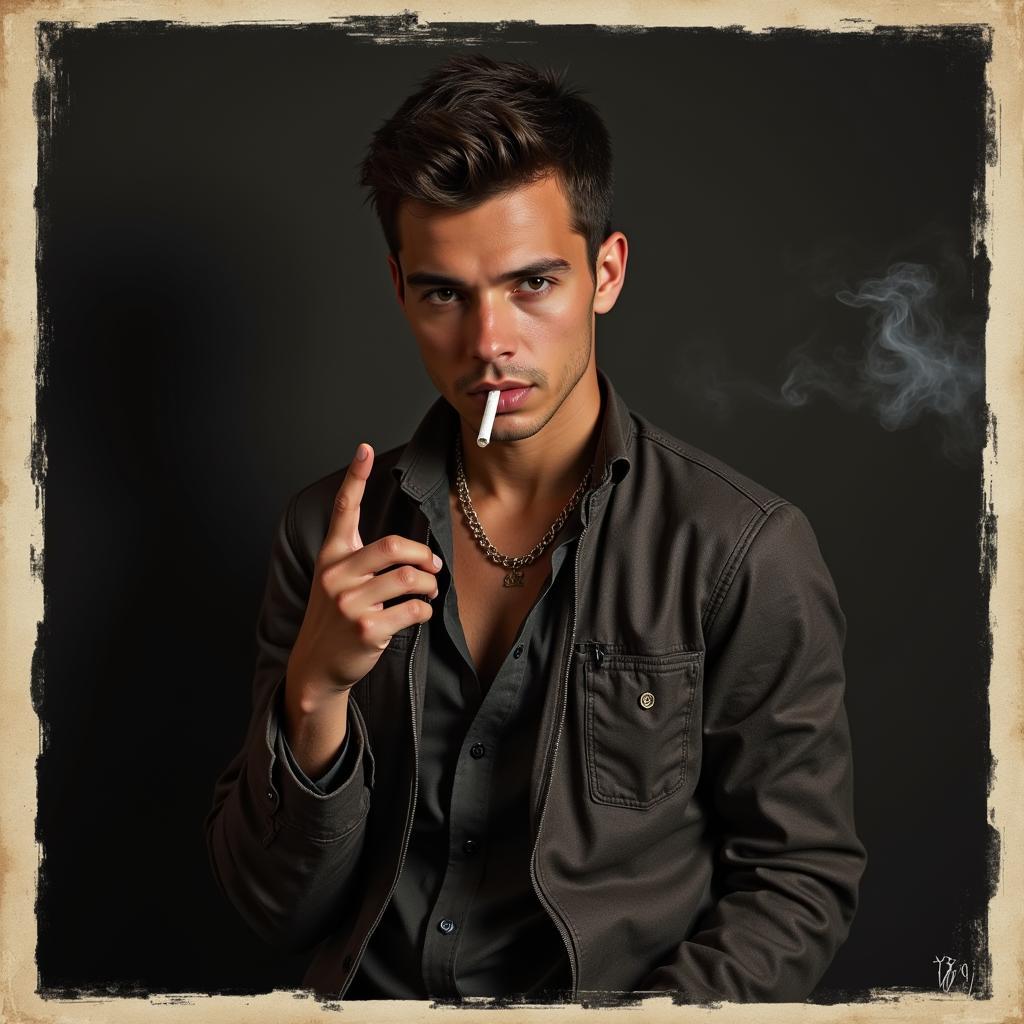 A rebellious young man leaning against a wall, cigarette in hand, looking away defiantly