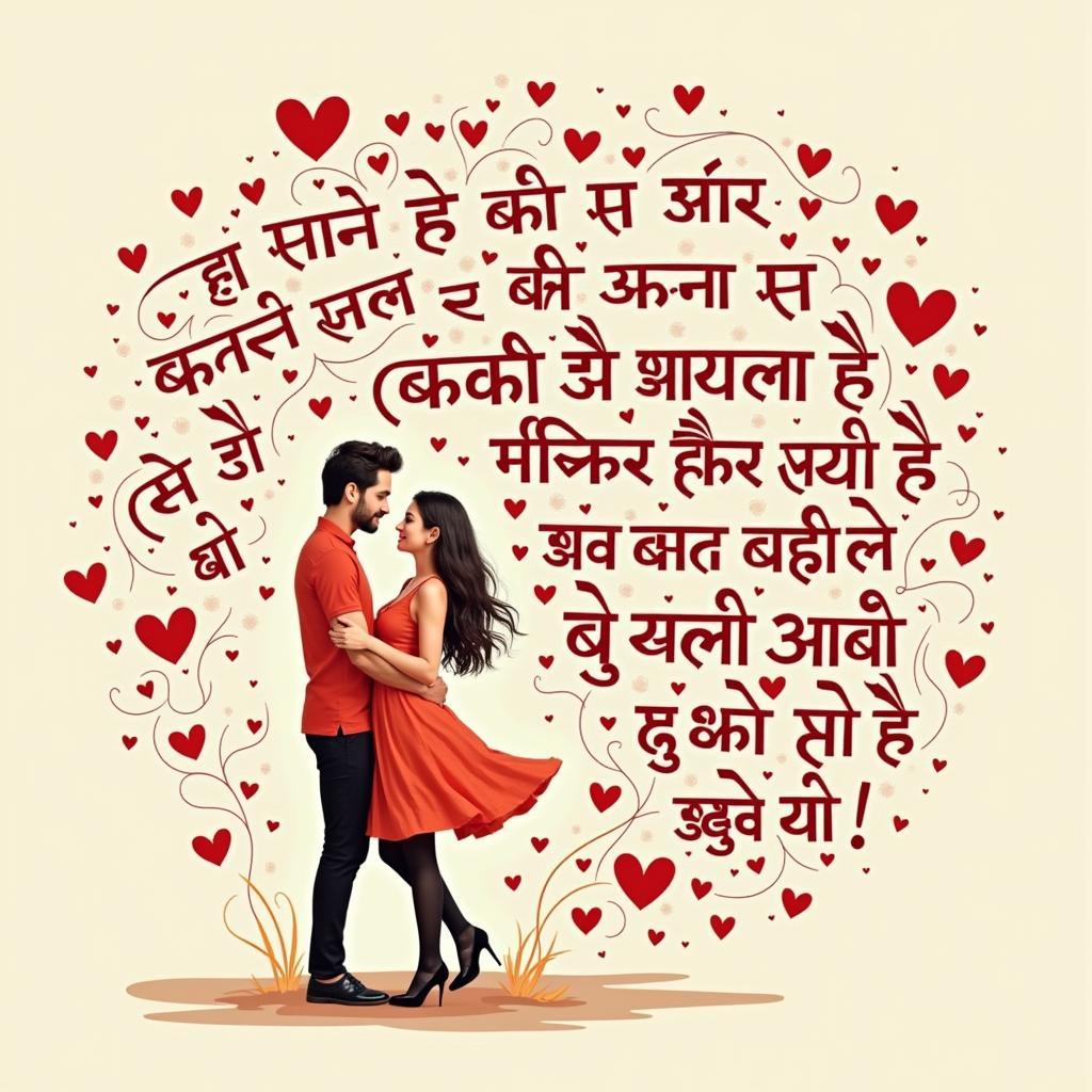 A couple embracing, surrounded by Hindi calligraphy depicting love shayari