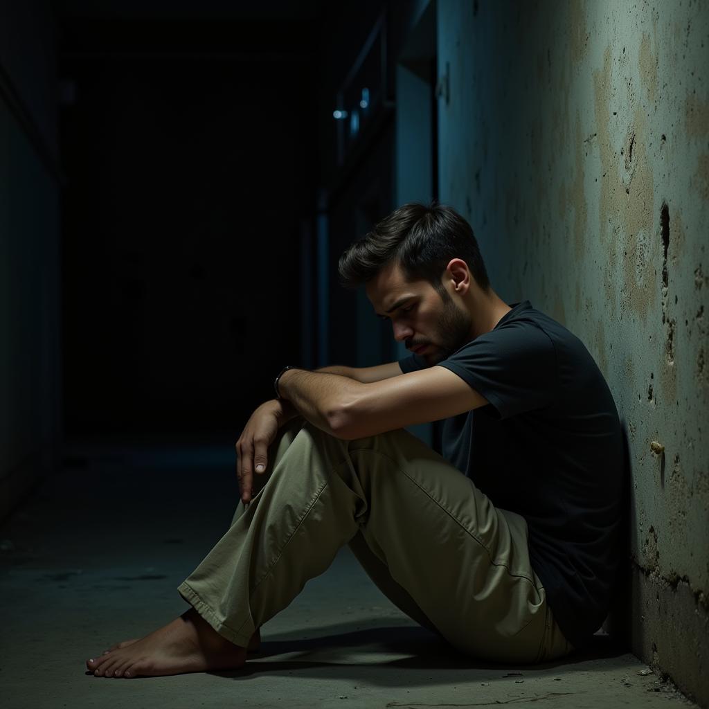 A young man sitting alone, looking downcast, with a melancholic expression, reflecting the sadness of betrayal