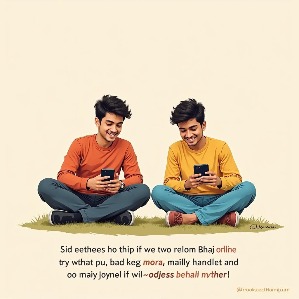 Two brothers sharing bhai bhai shayari on their phones.