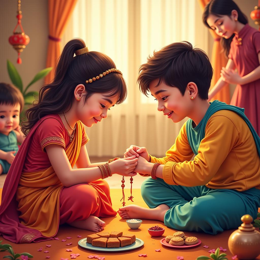 Image of a sister tying a rakhi on her brother's wrist, surrounded by family, highlighting the cultural significance of Raksha Bandhan and brotherly love.