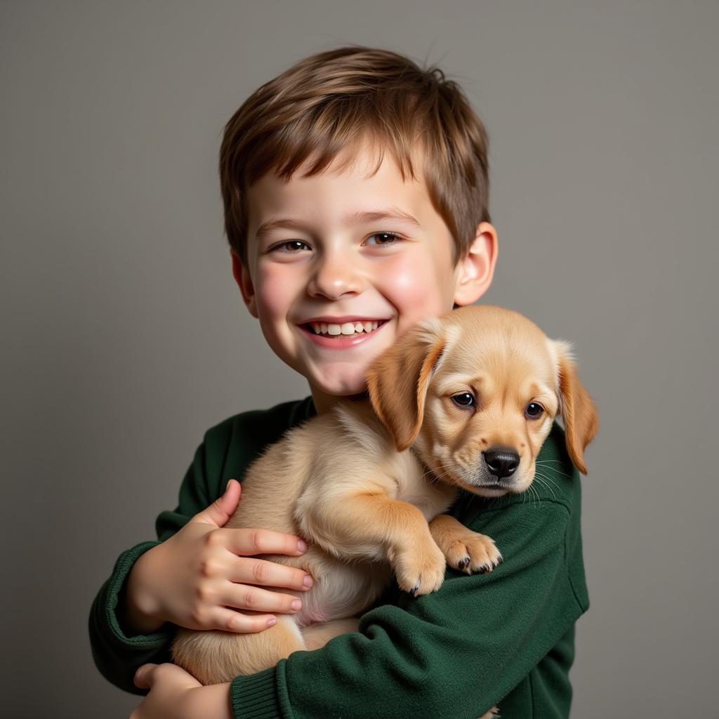 A young boy smiling while holding a puppy