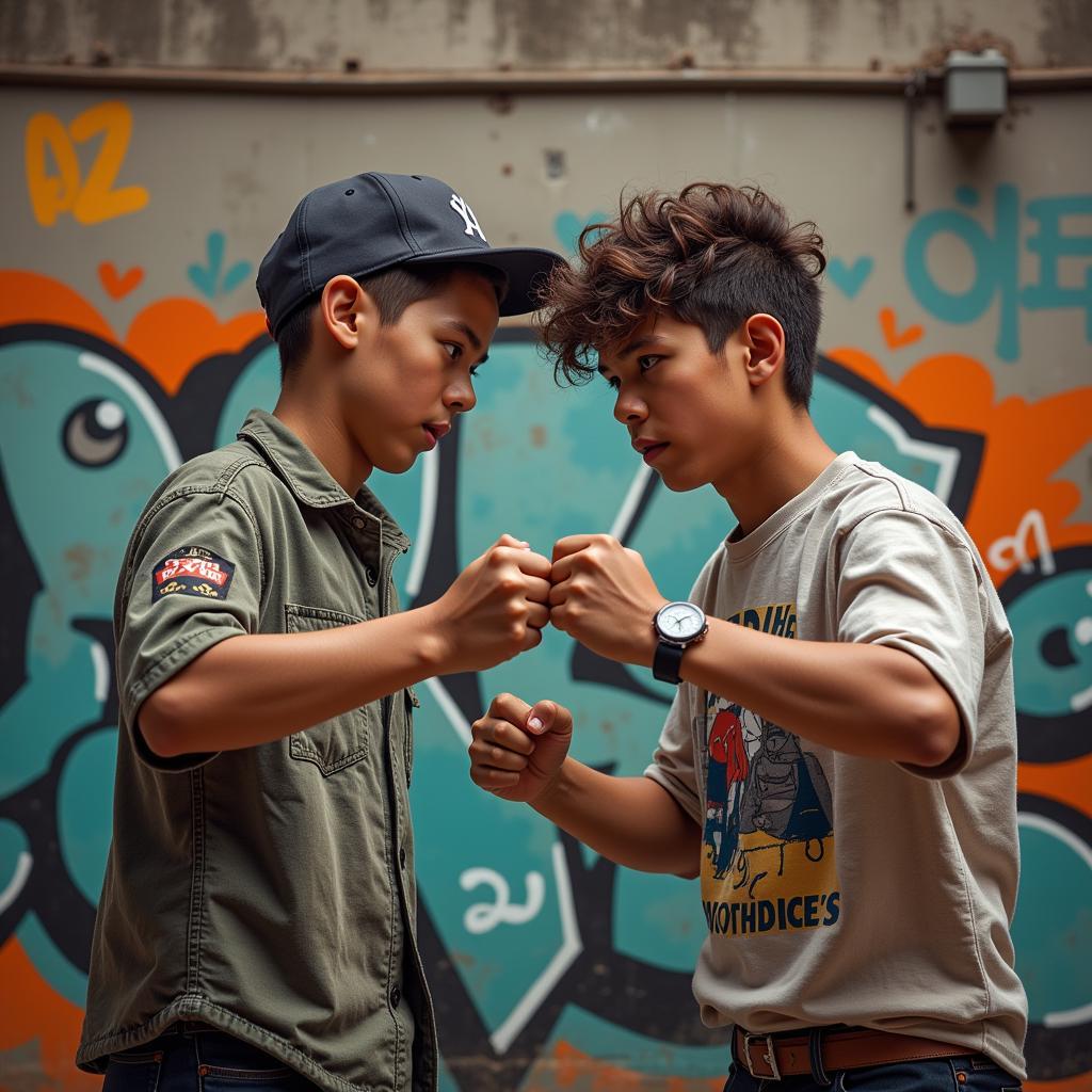 Two brothers fist-bumping, symbolizing their strong bond and shared attitude.