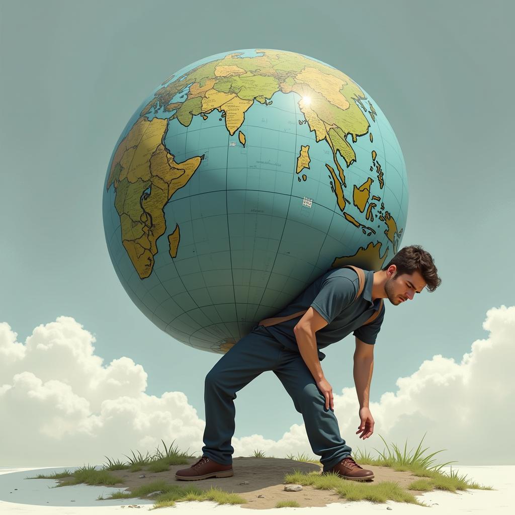 Depiction of a person carrying a large globe on their back, symbolizing the weight of the world's problems