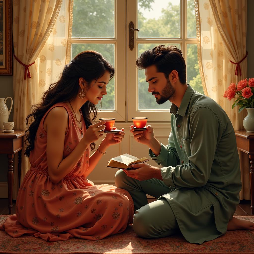 Couple Sharing Tea While Reading Shayari