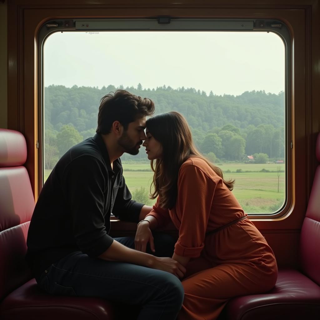 Couple on a train journey, symbolizing the journey of life as represented in "chal chale kahin" lyrics.