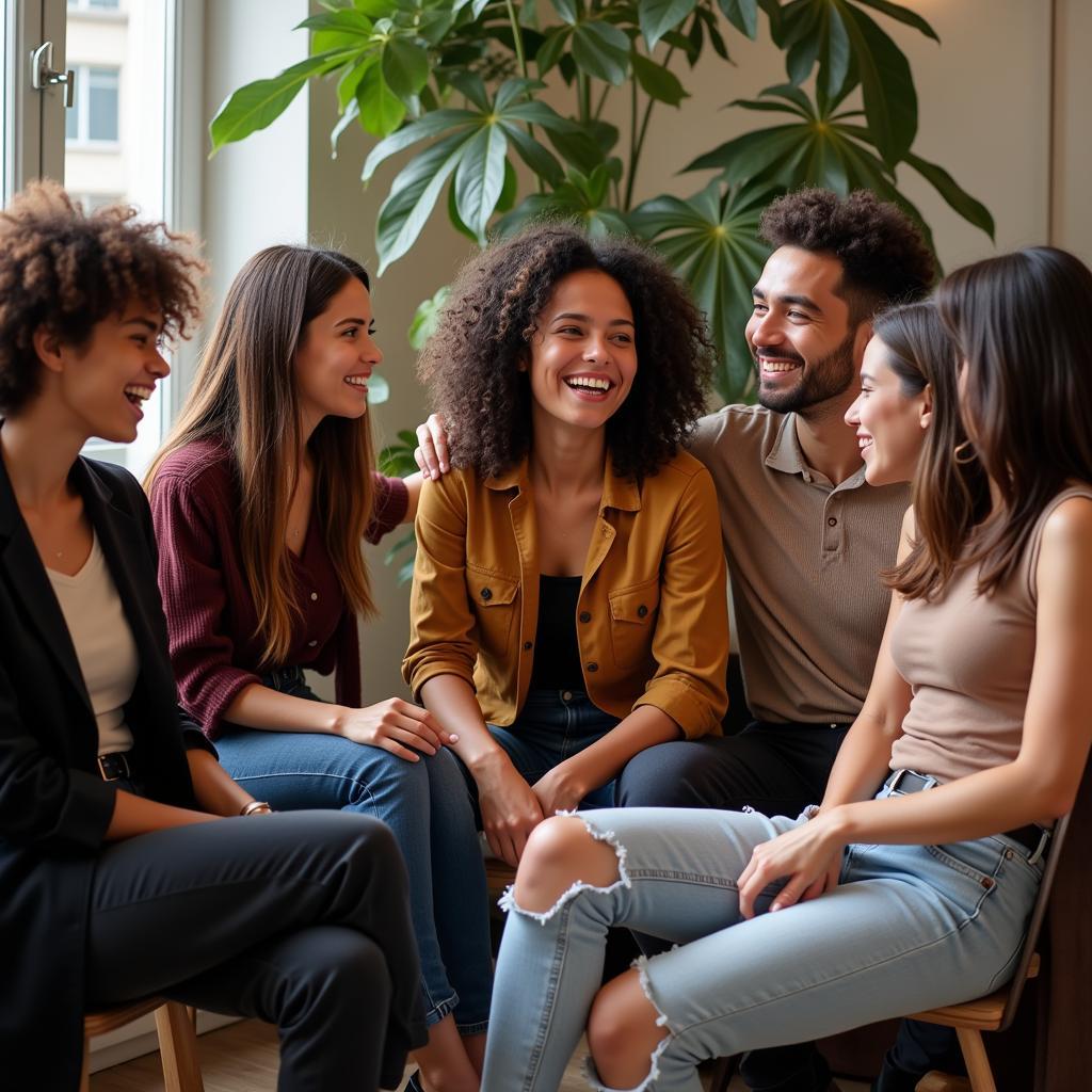 A group of friends laughing and enjoying themselves, seemingly unconcerned with societal expectations.