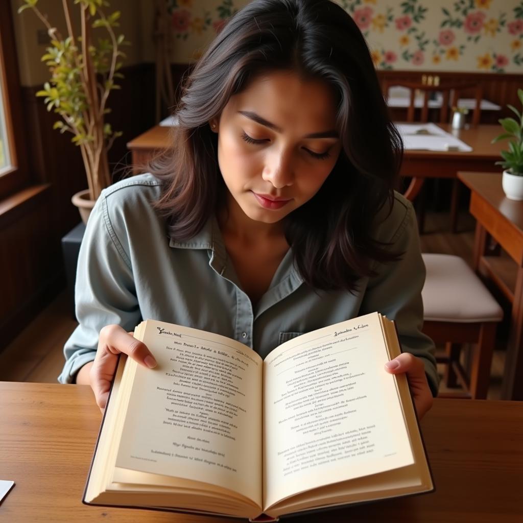 Image of a person selecting a shayari from a book, with a thoughtful expression.