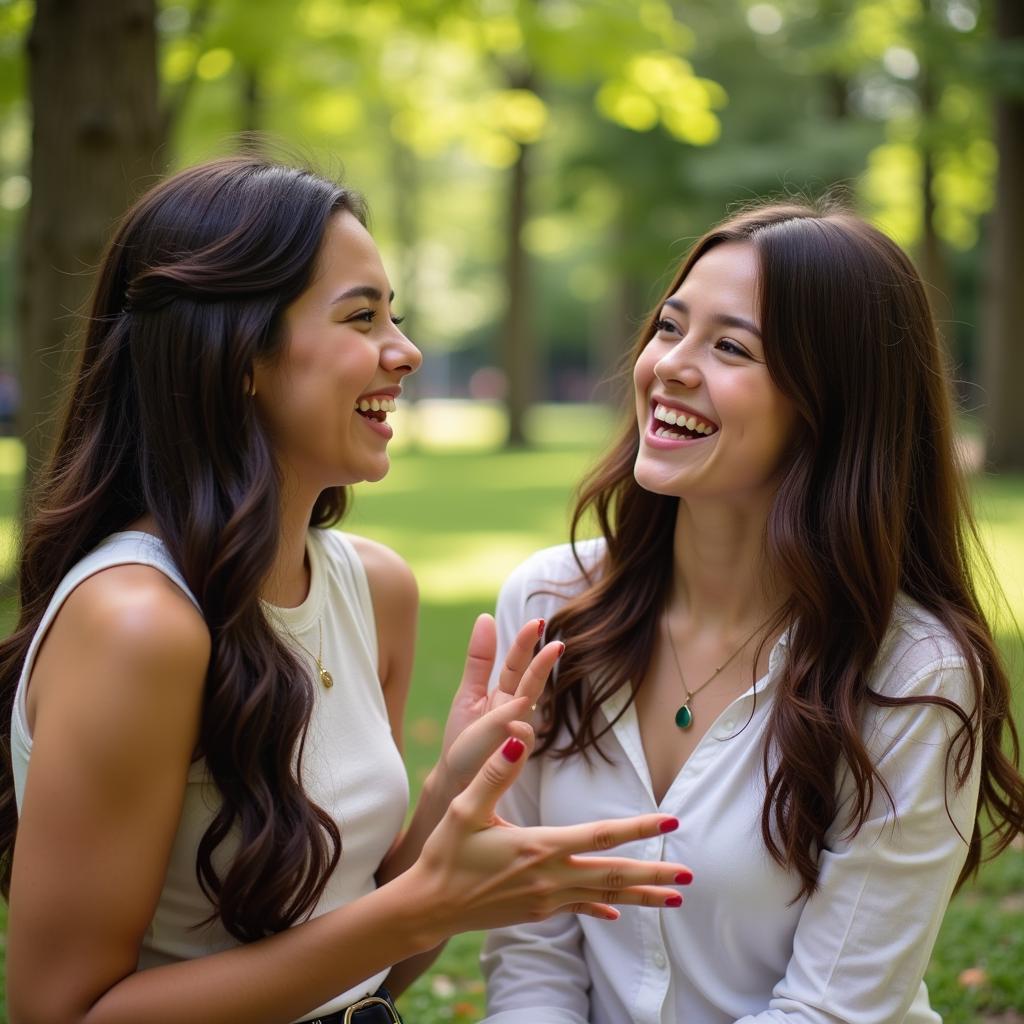 Two girls laughing together, one complimenting the other's inner beauty