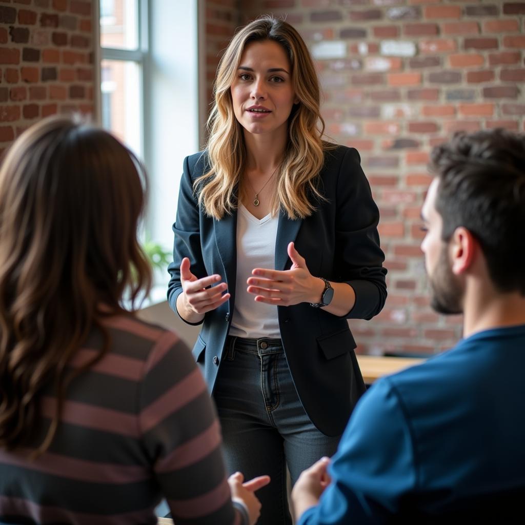 A woman confidently expressing her opinion in a group setting