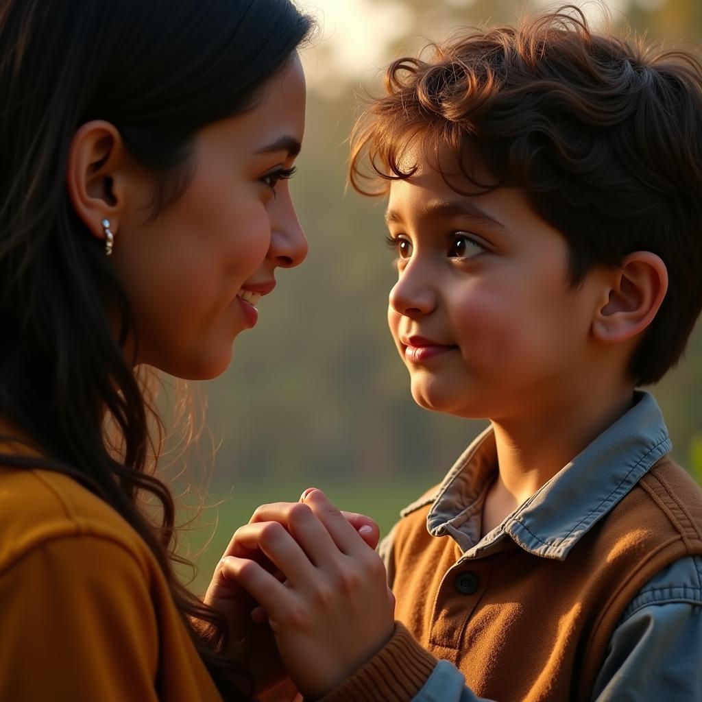 A young woman holds the boy's hand while confidently reciting a shayari, both looking deeply into each other's eyes.