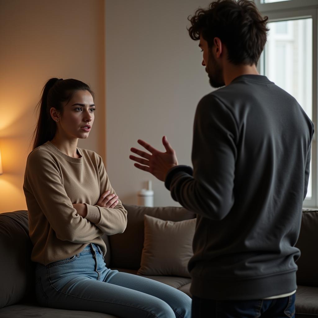 A couple having an argument, the woman looking visibly upset while the man tries to explain himself