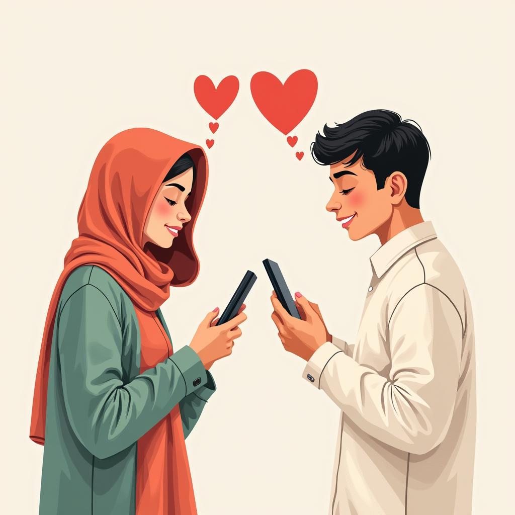 Sharing Shayari Digitally: A couple exchanges romantic shayari messages on their phones, showcasing how technology enables modern expressions of love.