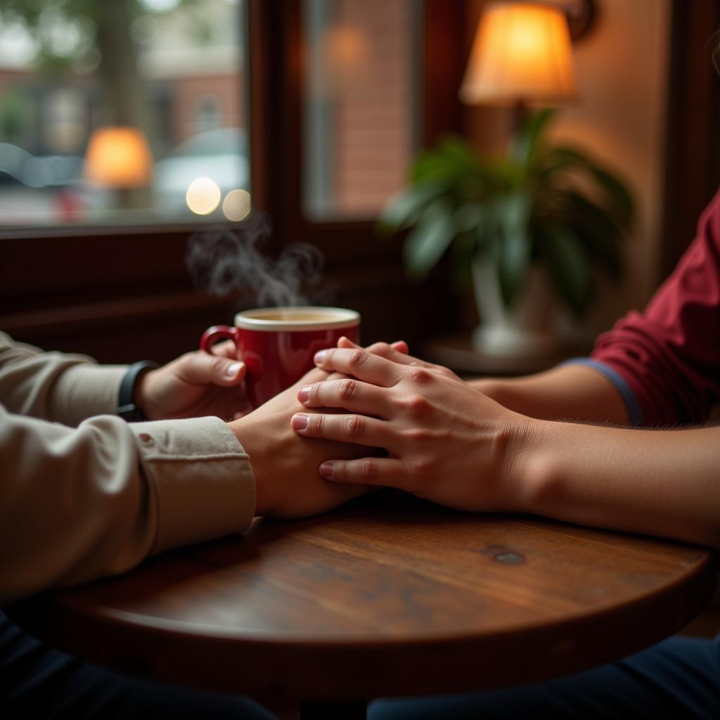 Close-up of a couple holding hands across a table at a cafe.