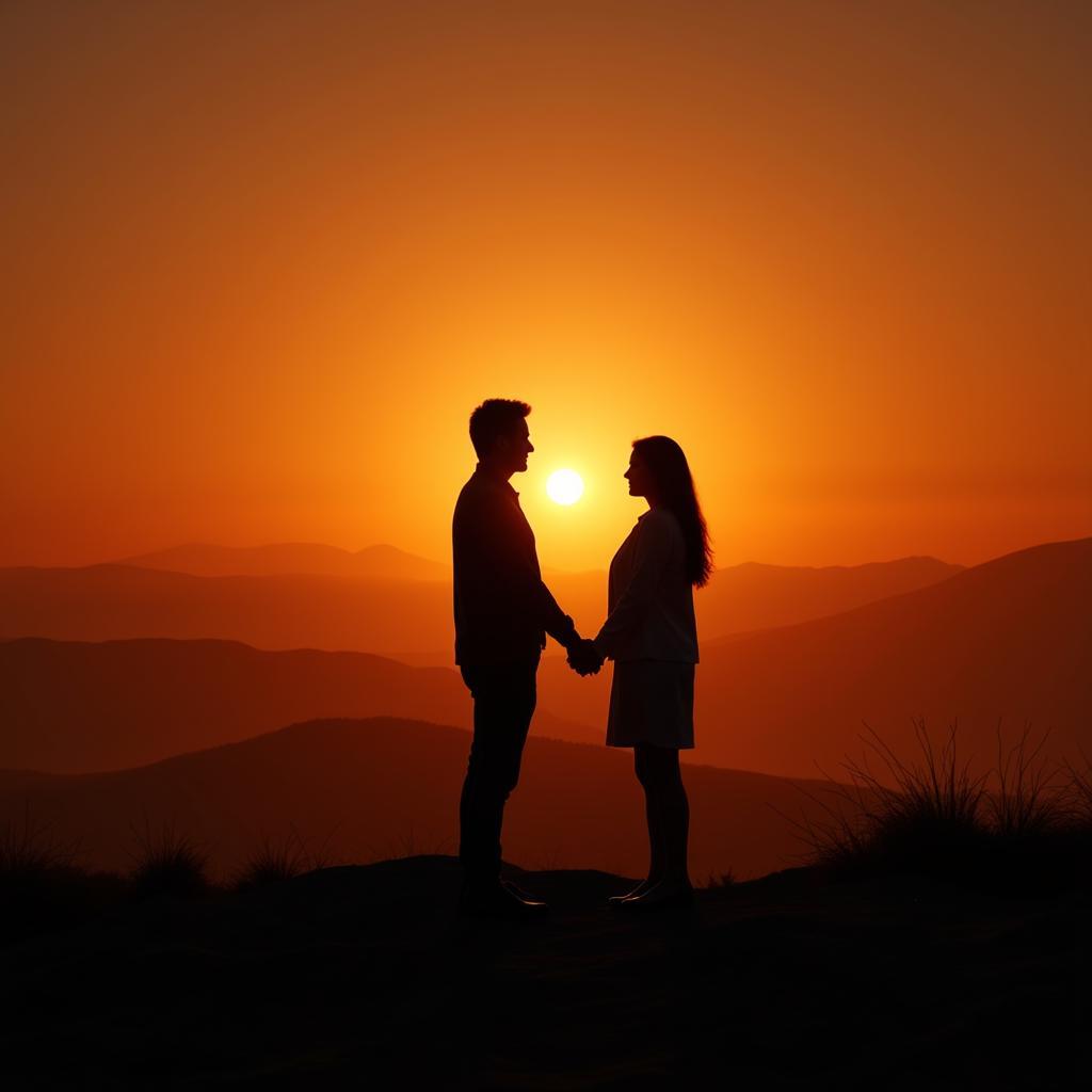 Silhouetted figures of a couple holding hands against a vibrant sunset.