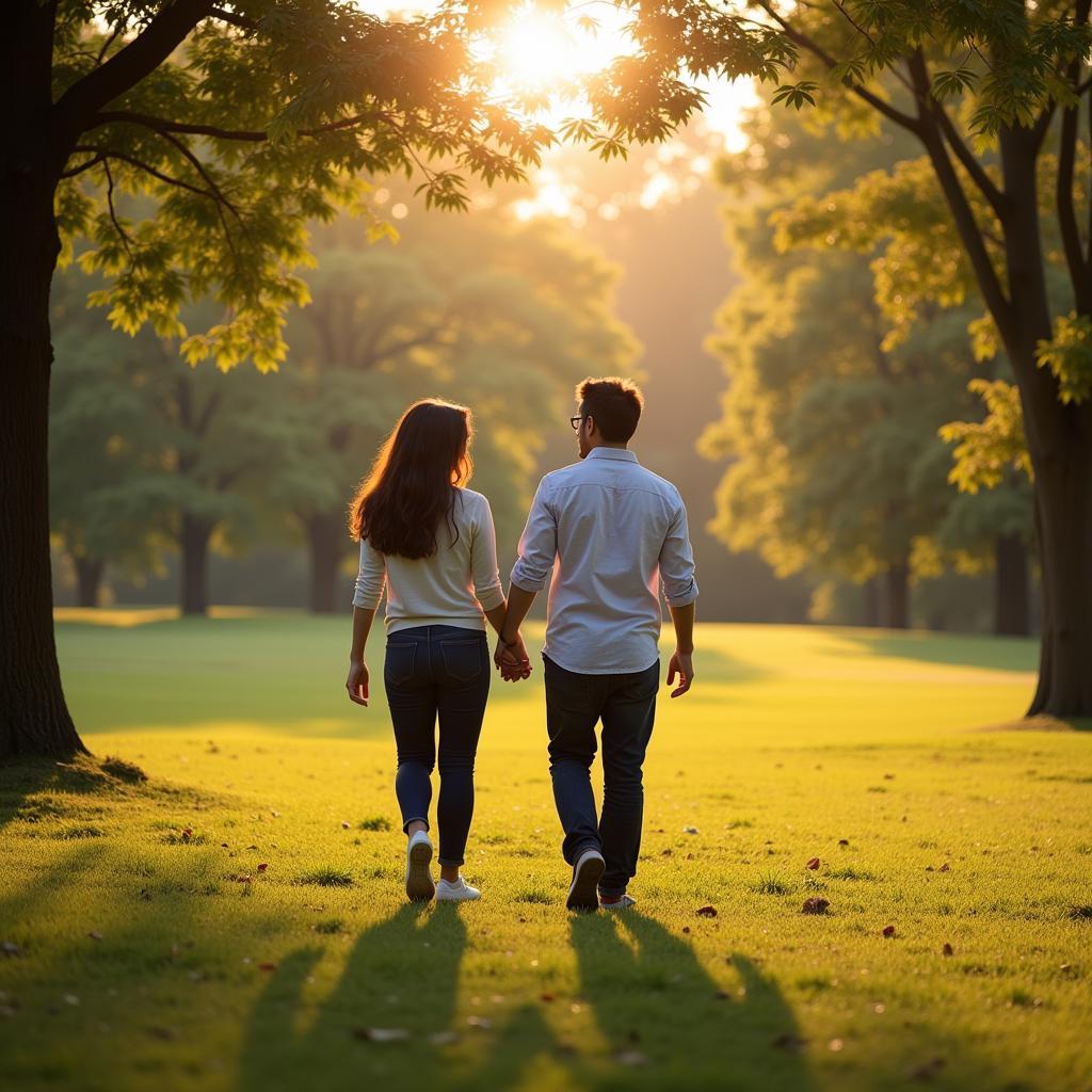 Couple holding hands and walking in a park, enjoying each other's company