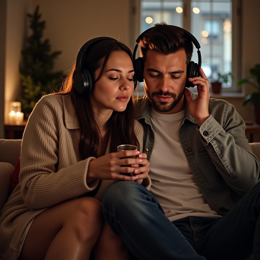 A couple listening to music together, deeply engrossed in the melody and lyrics, showcasing the emotional connection music can create.