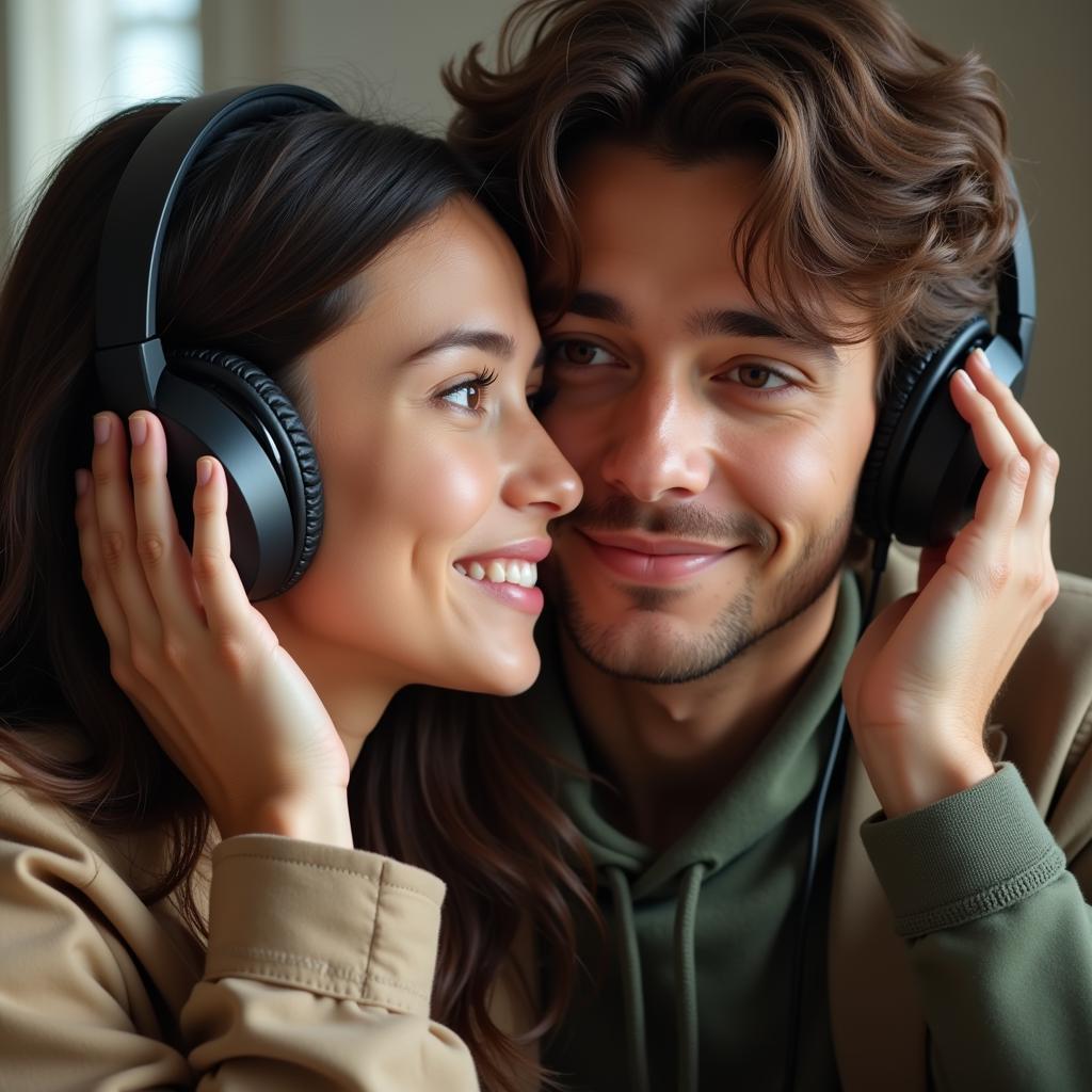 Couple Sharing Headphones