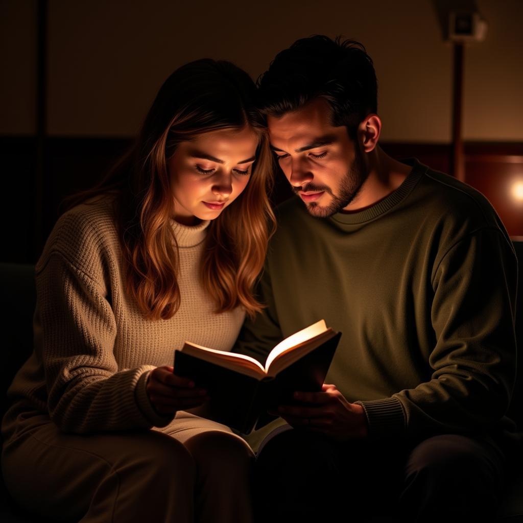 Couple Sharing Shayari: A couple sits together, reading a book of shayari, showcasing the intimate connection fostered by sharing these poetic expressions.