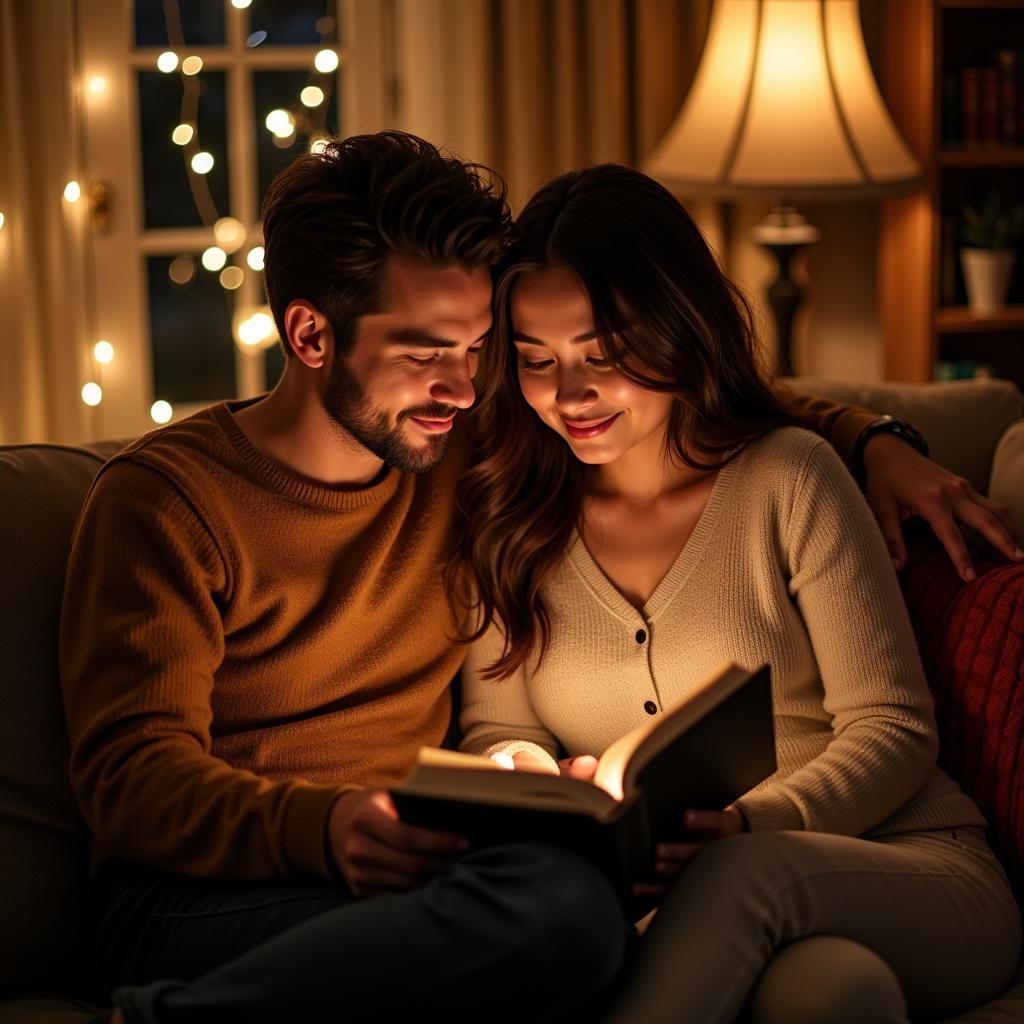 A couple sitting together, reading love shayari and enjoying an intimate moment of connection.