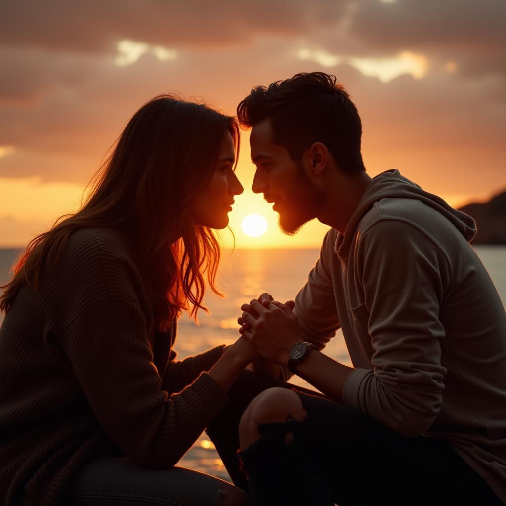 A couple reconciling after an argument: They are sitting close to each other, holding hands and looking into each other's eyes.