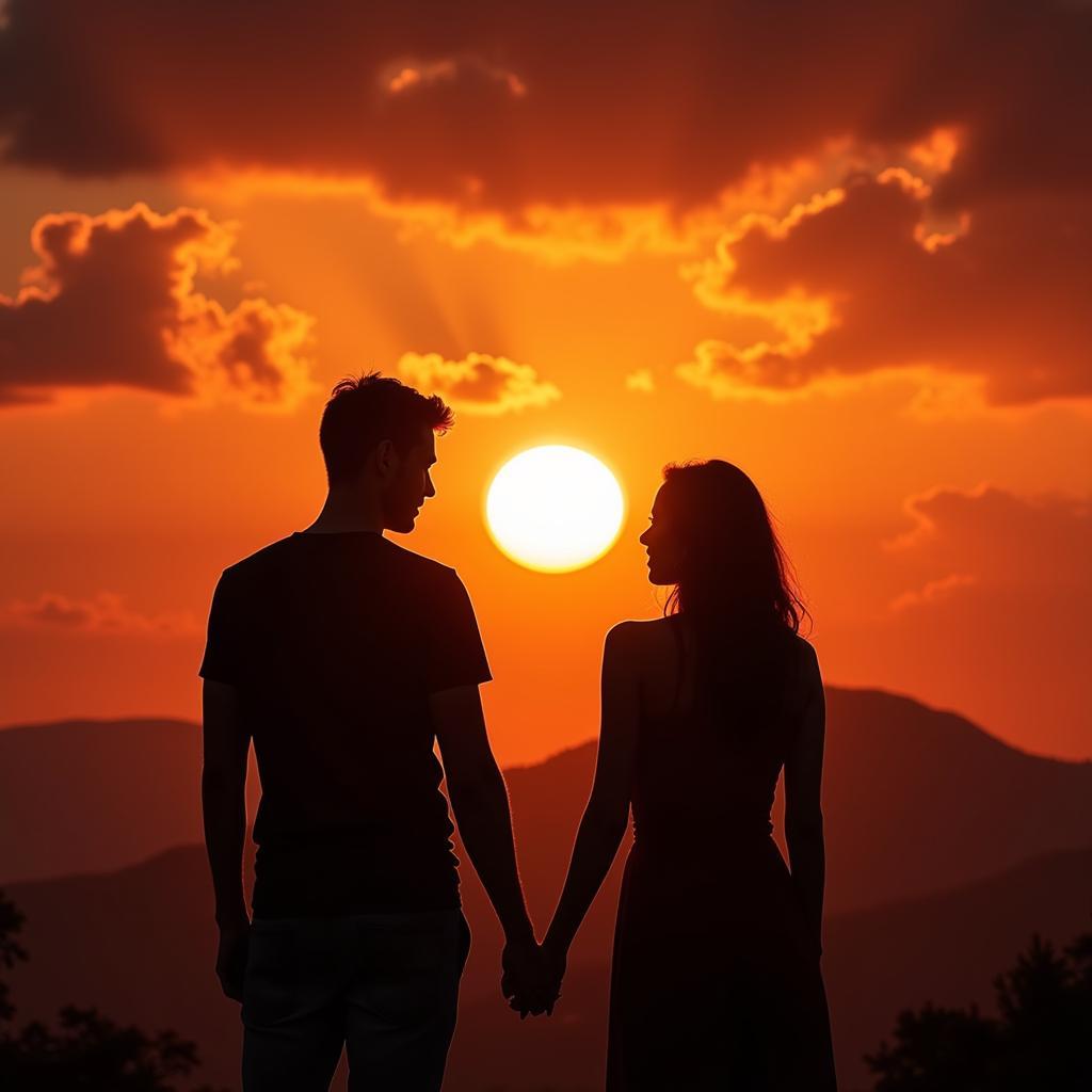 Silhouettes of a couple against a sunset, symbolizing separation and loss.