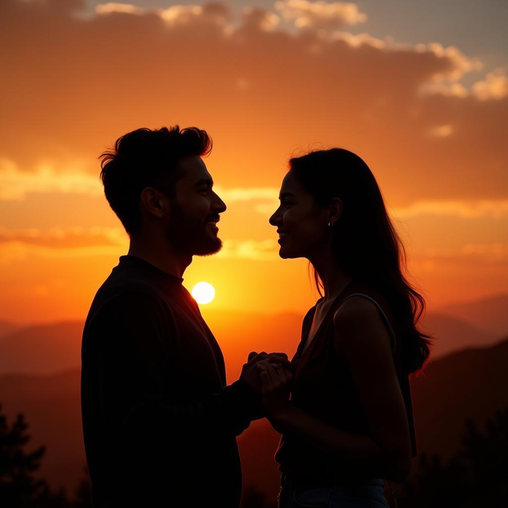 Couple smiling at each other during a vibrant sunset