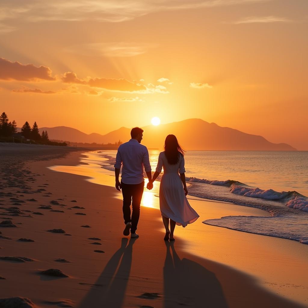 Couple walking hand in hand at sunset