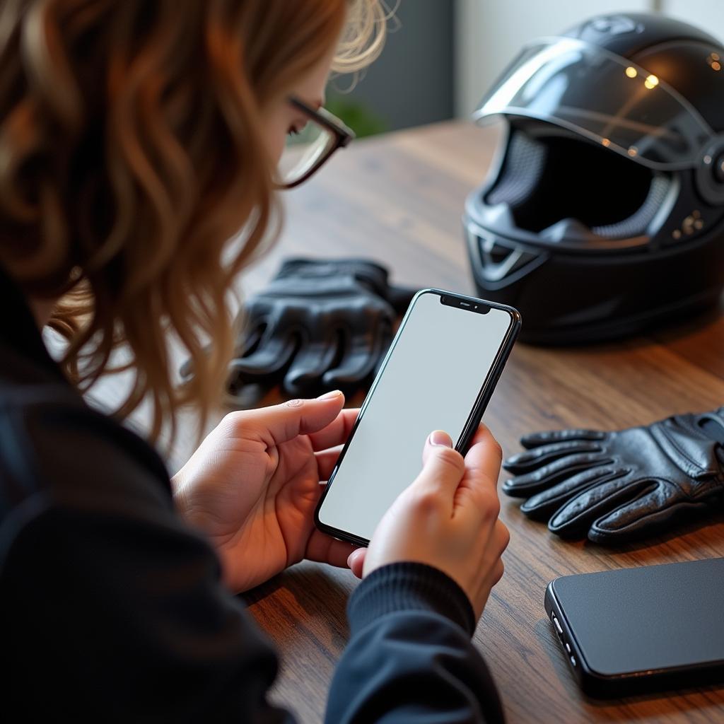 Crafting Bike Captions in Hindi: A close-up of someone typing a caption on their phone, with a motorcycle helmet and gloves in the background.