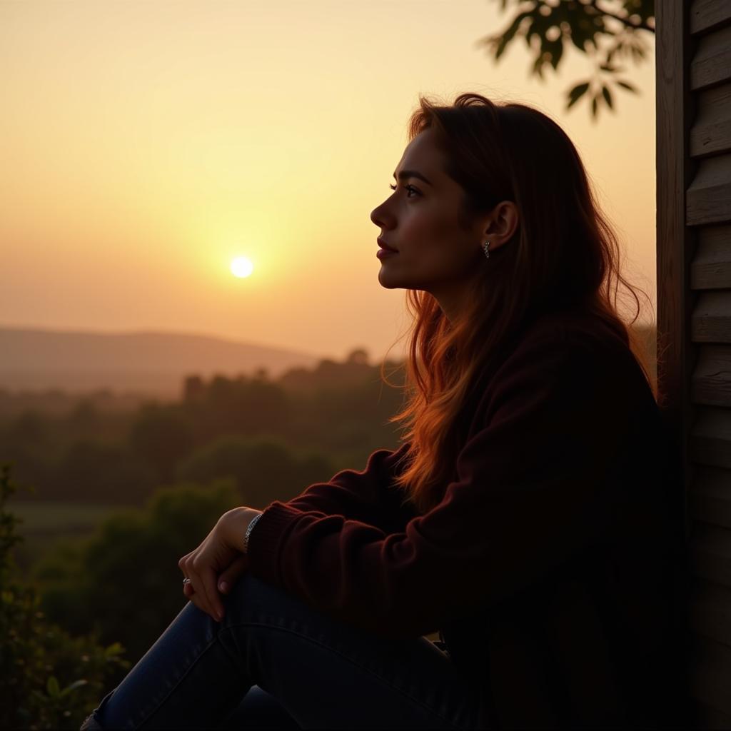 A pensive woman contemplating life while looking at the horizon. The image evokes a sense of introspection and searching for meaning, reflecting the essence of deep zindagi quotes.