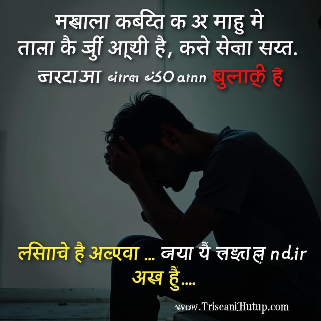 Image depicting a person feeling down, reflecting the sadness and isolation often associated with depression. Hindi text overlays the image representing depression status.