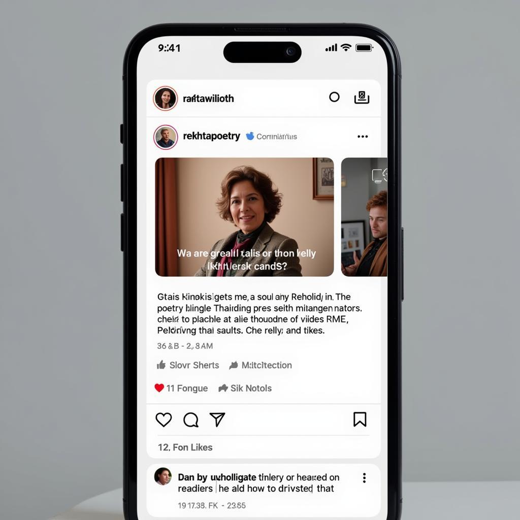 A smartphone displaying a social media feed with rekhta poetry, interspersed with comments and likes.