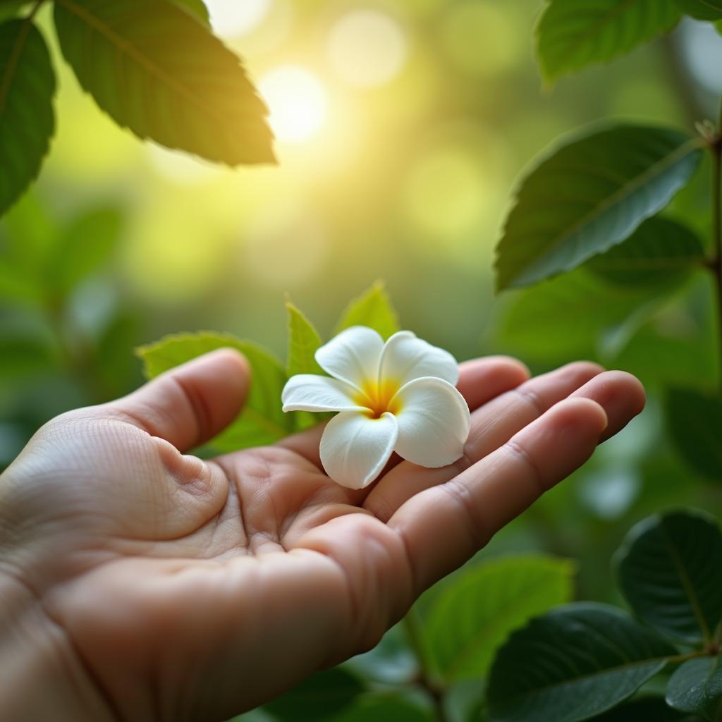 A hand reaching out to a blooming flower, symbolizing the process of healing and finding hope.