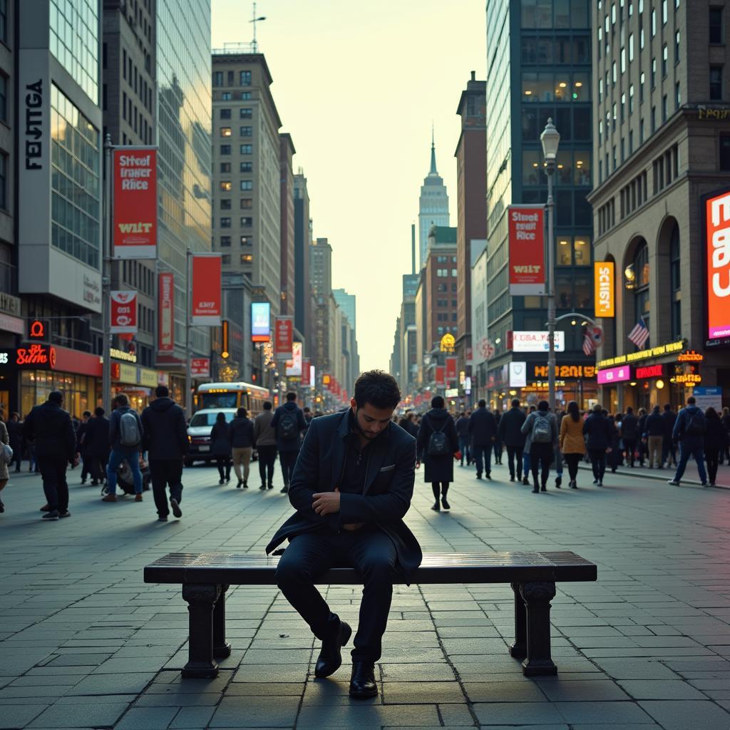 A solitary figure against a backdrop of a bustling city, representing the feeling of being lost and alone despite the world's triumphs.